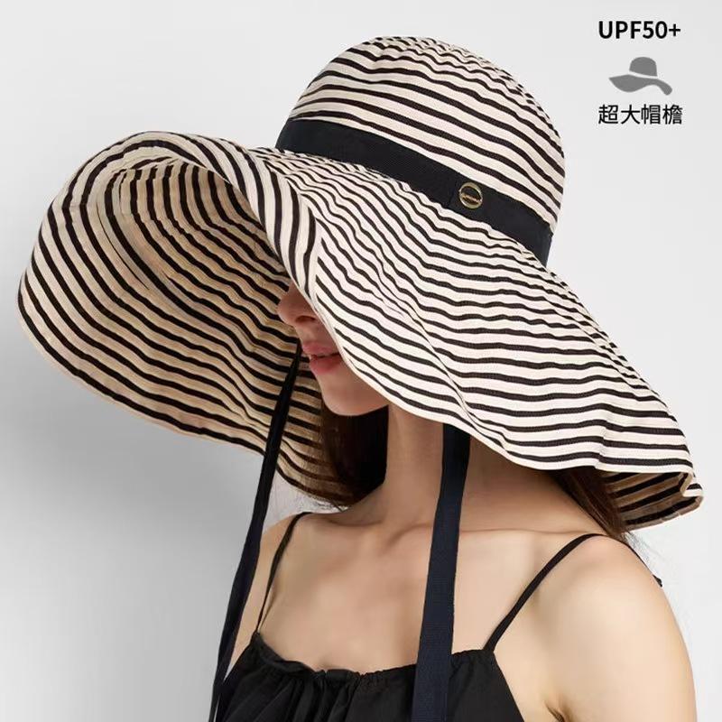 Korean-style summer outdoor travel fashion versatile striped wide-brimmed hat, women s foldable sun hat M（56-58cm）