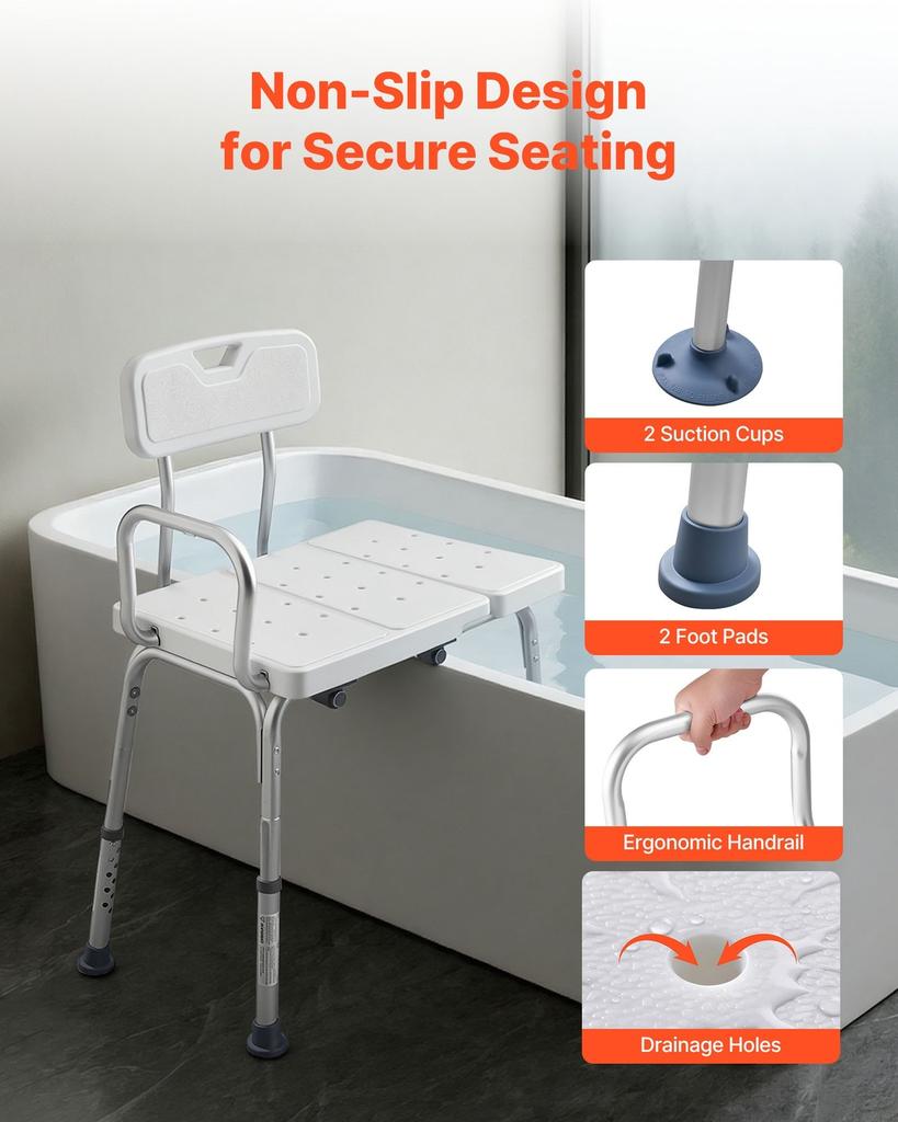 Tub Transfer Bench for Bathtub, 180 Kg Capacity Heavy Duty Shower Chair with Arm, Backrest and Curtain Slot, Height Adjustable Shower Bench Bath Seat