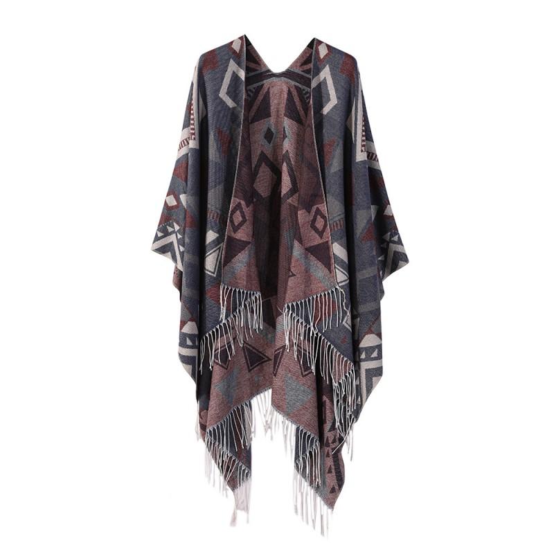 Bohemian Style Knitted Shawl With Fringe Geometric Warm Faux Cashmere Wrap Scarf Women