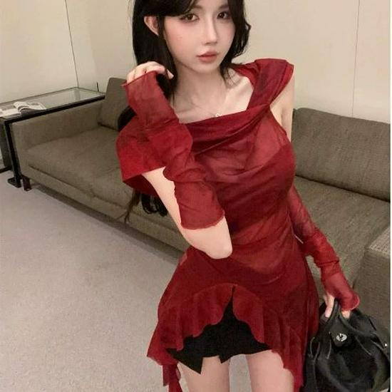 American Sexy Red Cowl Neck Hooded T-Shirt for Women – Ruffle Hem, Irregular Sleeves, Slimming Fit