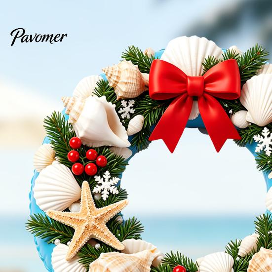 Waterproof Glass Window Film Ocean Style Christmas Wreath Stickers, PVC Static Decals with Sunproof Stickers Conch And Shell Elements, Seaside Clings