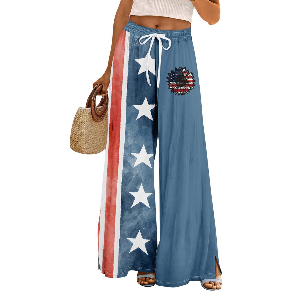 Women Summer Boho Palazzo Pants High Waist Wide Leg Independence Printing Casual Trousers With Pockets