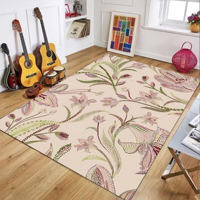 Boho Folk Style Floral Pattern Rug, Exotic Lily and Leaf Floor Carpet for Living Room Bedroom, Durable Non-Slip Washable Mat