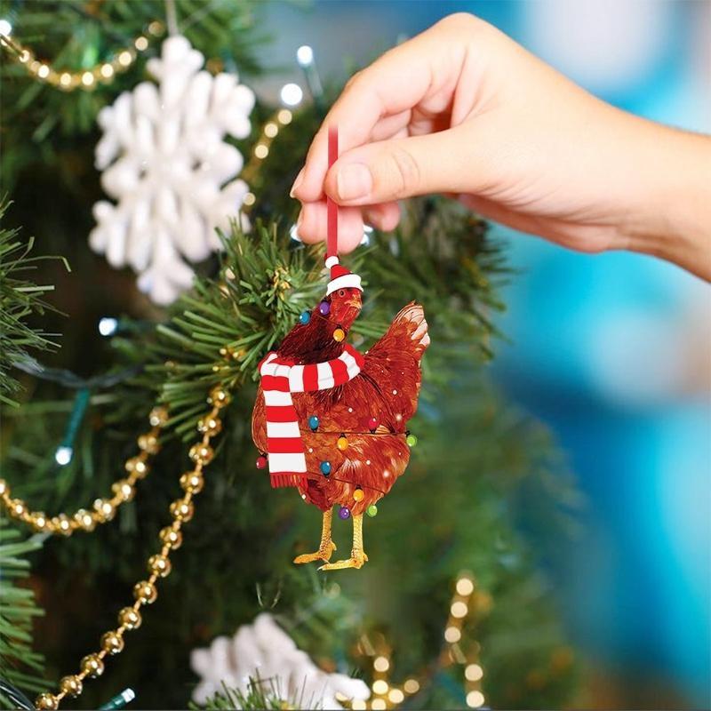 Christmas Scarf Chicken Holiday Decoration Wooden Pendant 5Pcs for Xmas Tree Home Party Front Door Wall Window Hanging Ornament