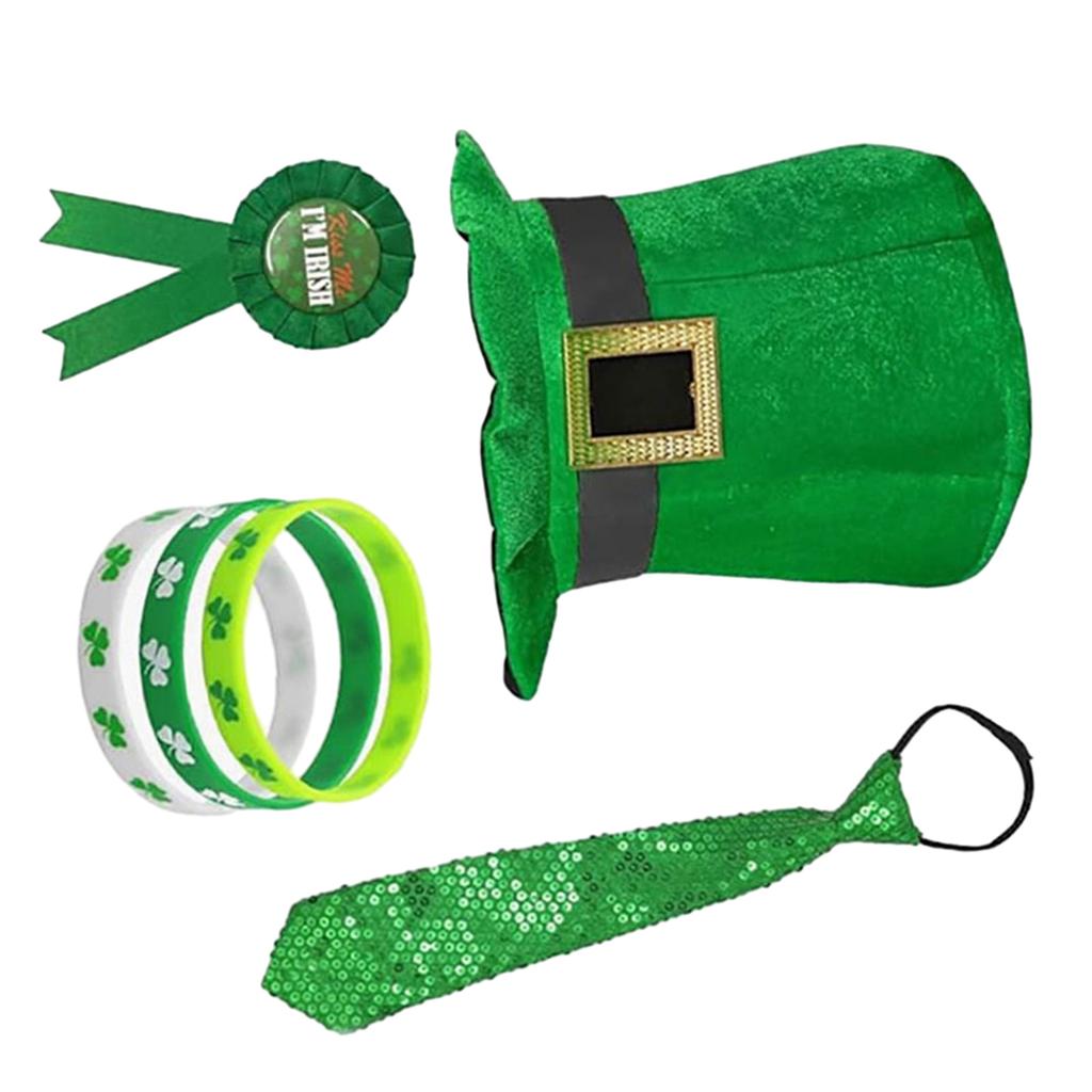 Saint Patricks Day Hat Necktie Bracelets Badge Pin Set for Party Festive Props Sequins Saint Patrick's Day Headdress