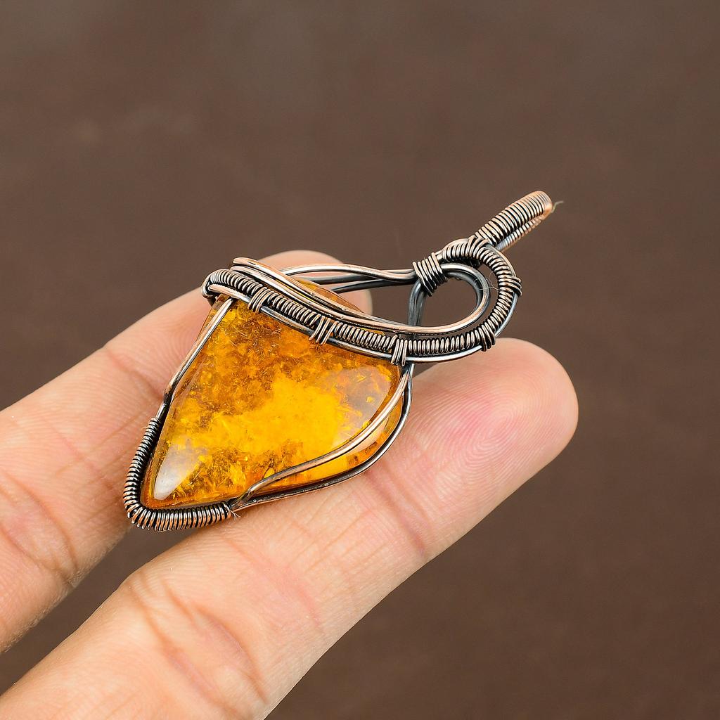 Baltic Amber Handmade Copper Wire Wrap Pendant 2.44" I5j81