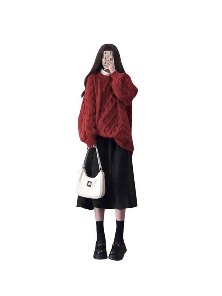 Women's Red High-End Loose Knit Sweater - Lazy Style for Spring, Autumn, Winter 2025