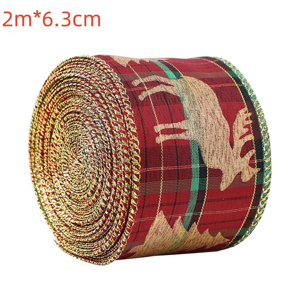 2M Red Green Christmas Ribbon Hot Stamped Linen Printed Christmas Polyester Ribbons New Years Home Decoration Bow Gift Packing