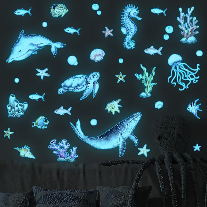 Luminous Ocean Animal Wall Sticker For Kids Bedroom Decor Baby Room Fluorescent Night Llight Whale Sticker Shines In The Dark