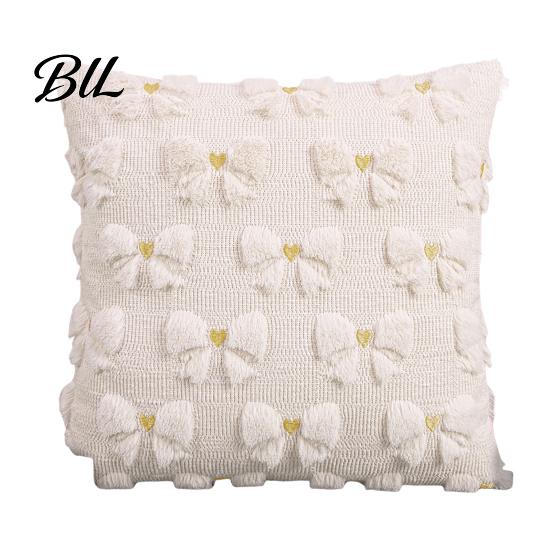 Decorative Throw Pillow Covers Plush Cover, Heart Embroidery Cushion Case with 3D Bowknot Jacquard, Pillows for Anniversary Soft Fluffy Couch