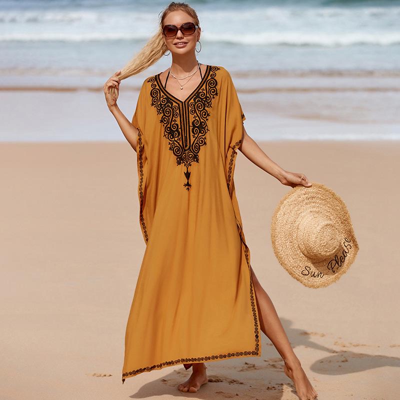 Ginger Yellow Rayon Embroidered Long Beach Cover-up Dress for Women