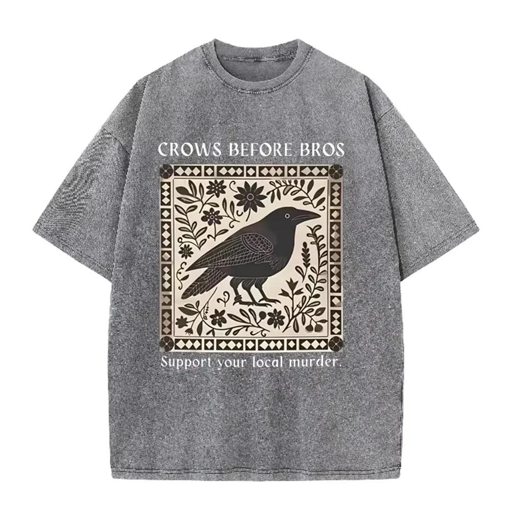 Distressed Vintage Washed Tee Vintage Square Crow Floral Print Support Local Murder Funny Slogan Loose T Shirts S