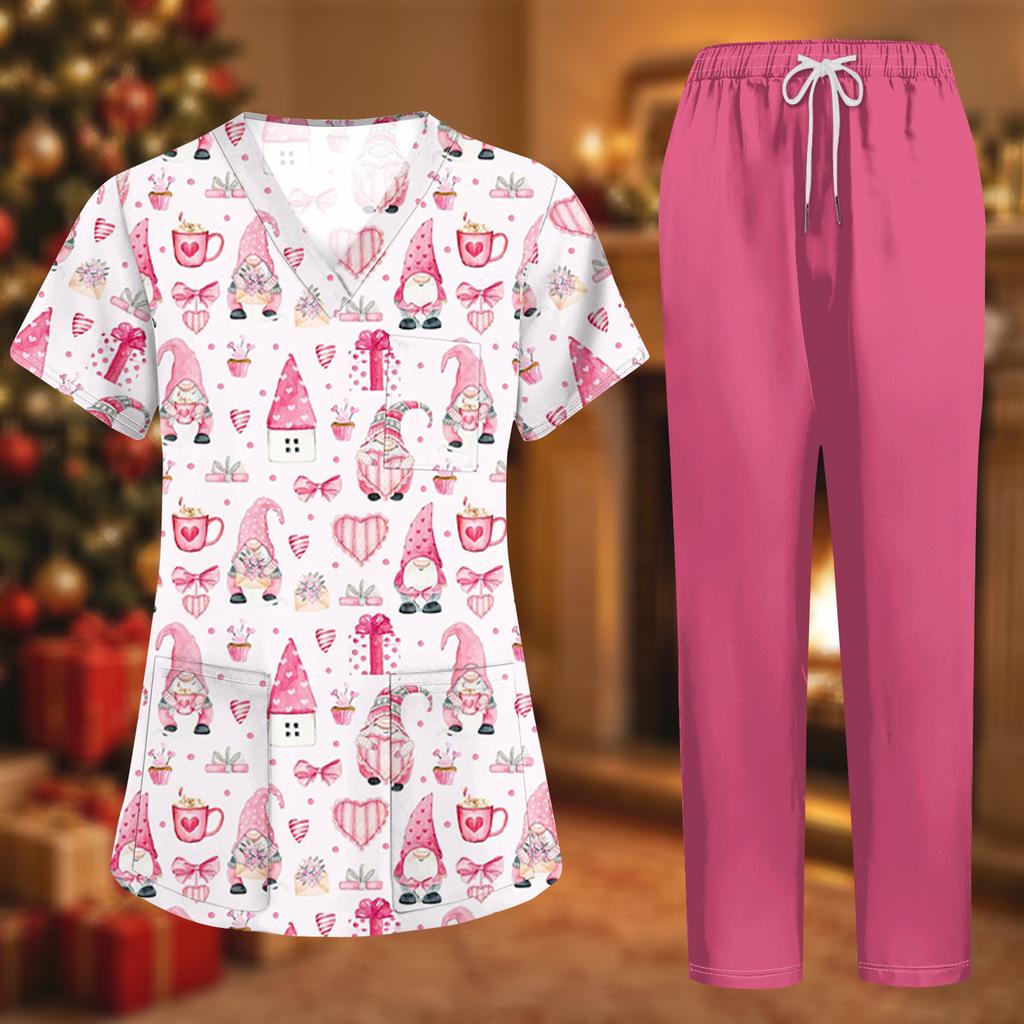 Women's Uniform Set with Short Sleeve Christmas Print Top and Pants, Two Piece Caregiver with Pockets