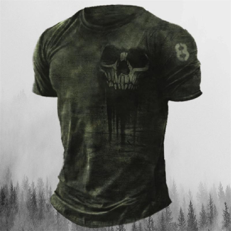 Men's Retro Skull Pattern T-shirt Horror Print Men Tops Hip-hop Rock Street Outfit O-neck Short Sleeved T-shirt Oversized Tshirt