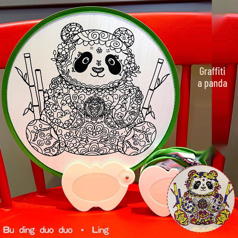 Cute Cartoon Panda Huahua DIY Paintable Fan for Kids and Students