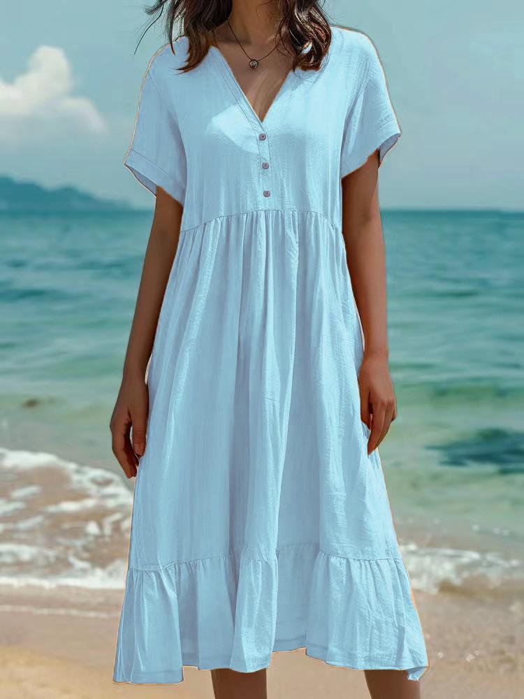 2026 Spring/Summer European & American Women's Solid Color Pleated Short Sleeve Dress
