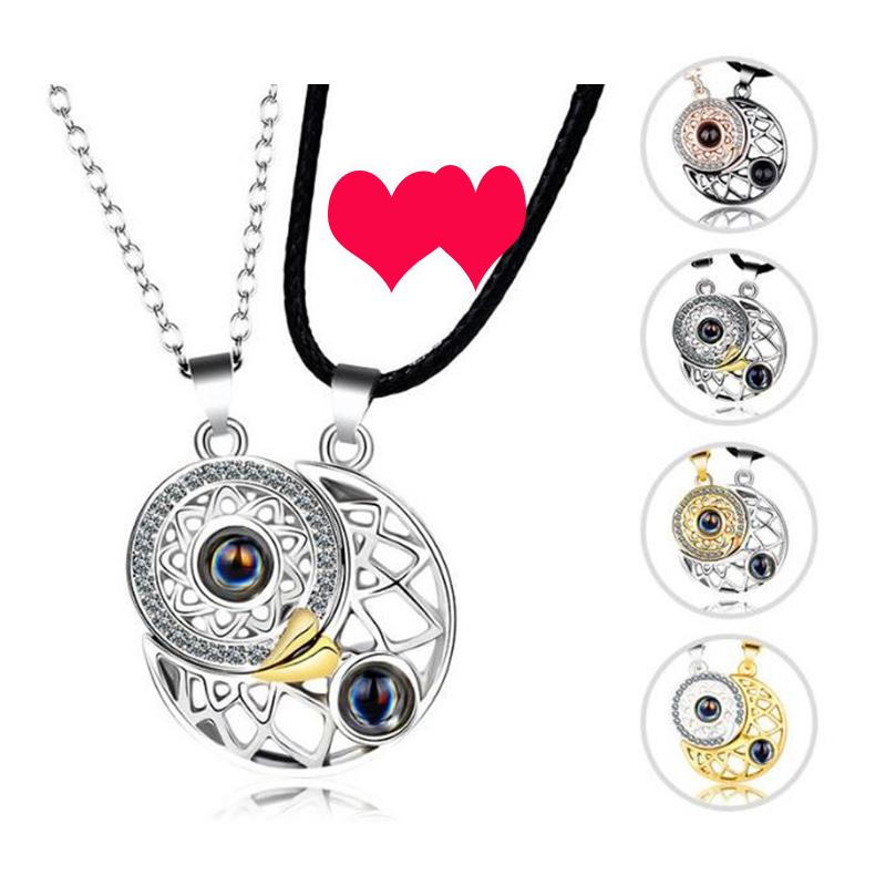 Náhrdelník s projekcí Slunce a Měsíce Miluji tě ve 100 jazycích Magnetický náhrdelník ve tvaru srdce, výřez pro pár, dárek