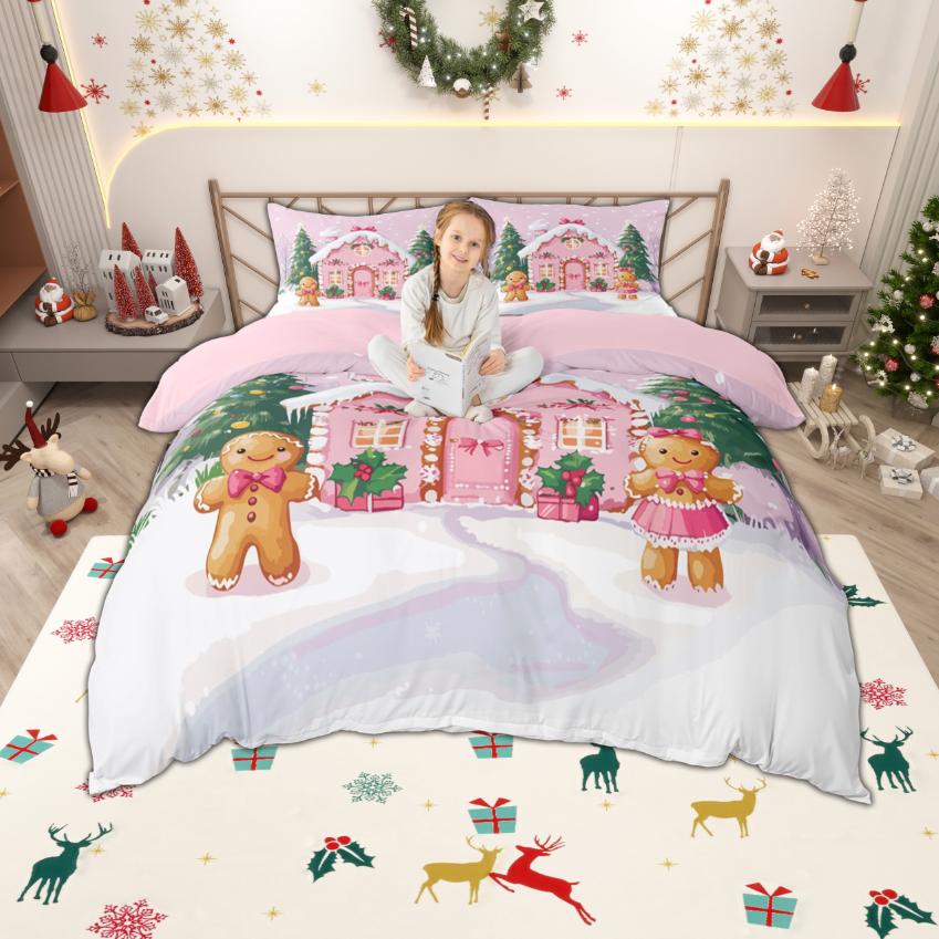 Homewish Kawaii Gingerbread Duvet Cover Set for Kids, Girls Christmas Gifts Bedding Set, Merry Xmas Bed Set, Room Decor