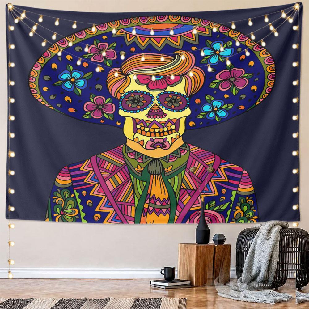 Colorful Day of the Dead Skull Design Pattern Wall Hanging Tapestry Decorative Tapestry Home Decor for Bedroom and Living Room