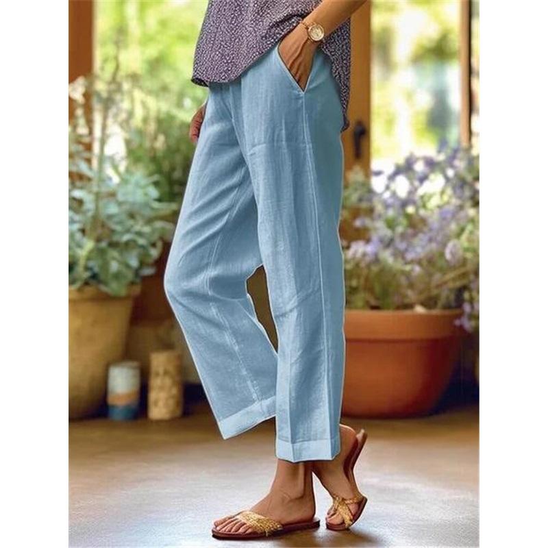 Women's Cotton And Linen Plus Size Plus Loose Solid Color Elastic Waist Pocket Straight Casual Pants