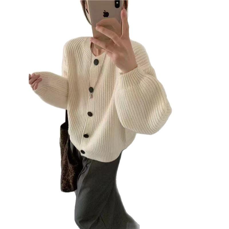 Autumn/winter new round neck single-breasted long-sleeve simple casual knit cardigan, lazy style sweater, thick jacket for women