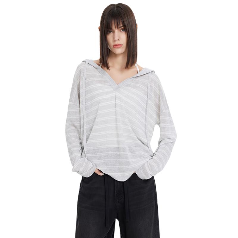 

Women s Lightweight Striped Hooded Long Sleeve Knit Top M
