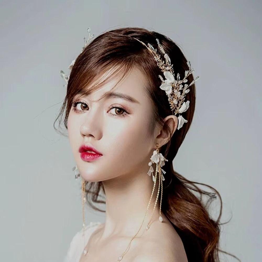 Unique Style Bridal Headwear Earring Pearl Crown Elegant Flower Hairband  Wedding Headdress