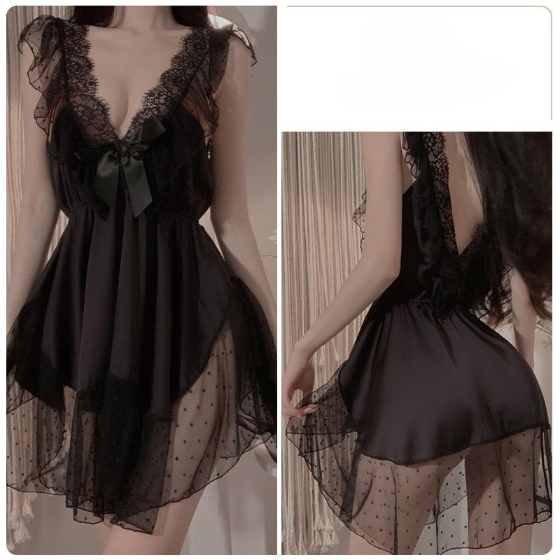 Große Größen Damen Süßes Spitzen-Schlafkleid Pünktchen Netz-Rückenfreies Cami-Nachthemd