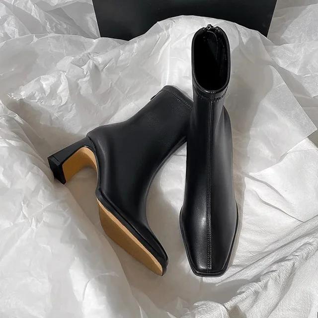 2024 New Vintage Brown Women Ankle Boots Elegant Square Toe Shoes Autumn Winter Thick Heel Women's Short Booties