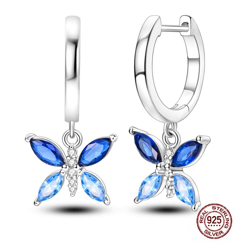 Sparkling Women Hoop Earrings 925 copper Heart Shape Star Moon Round Blue Zircon Fit Origina Drop Earrings Zircon Holiday gifts