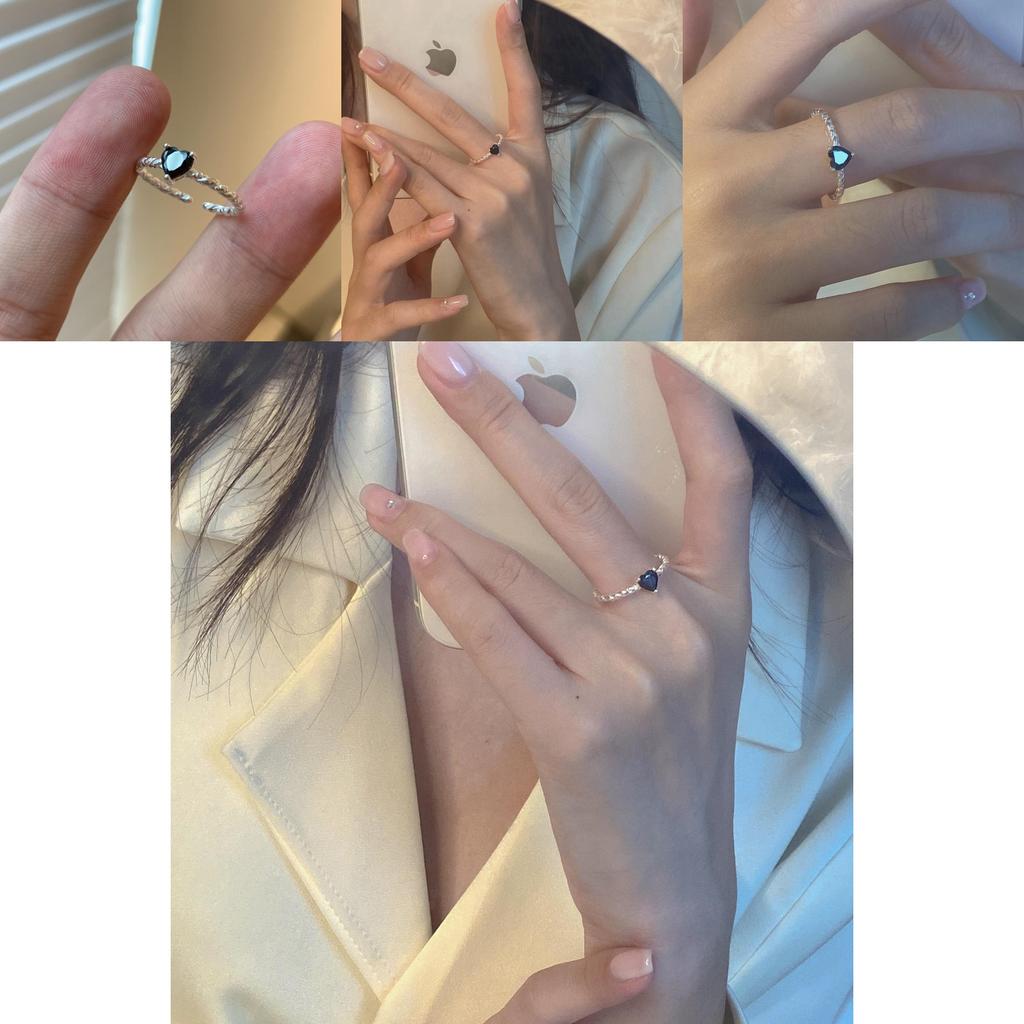 Elegant S925 Sterling Silver Heart-shaped Twisted Ring With Black Zirconia For Women