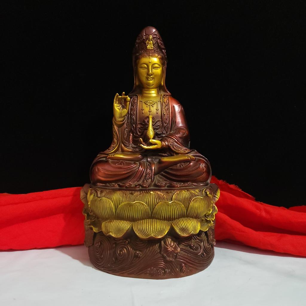Style Full Color Painted Copper Home Decor Craft Ornament South Sea Lotus Guanyin Buddha Statue Decoration