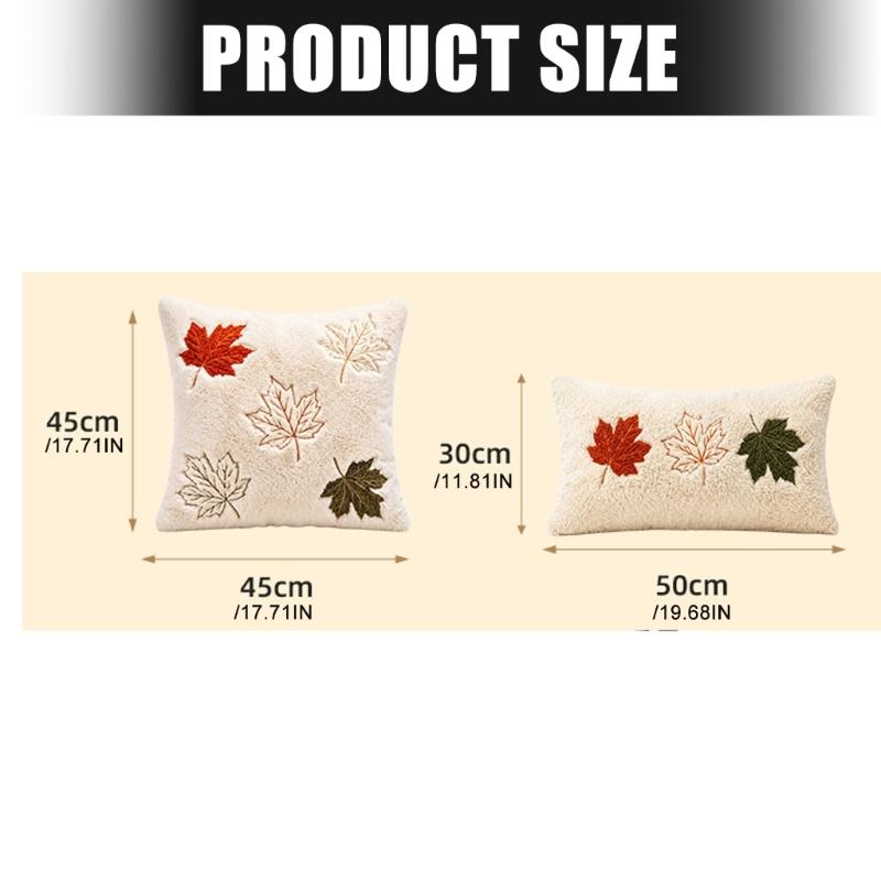 Thanksgiving Pillow Cover Maple Leaf Embroidered Plush Cushion Cover with Concealed Zippers for Indoor Decors Home