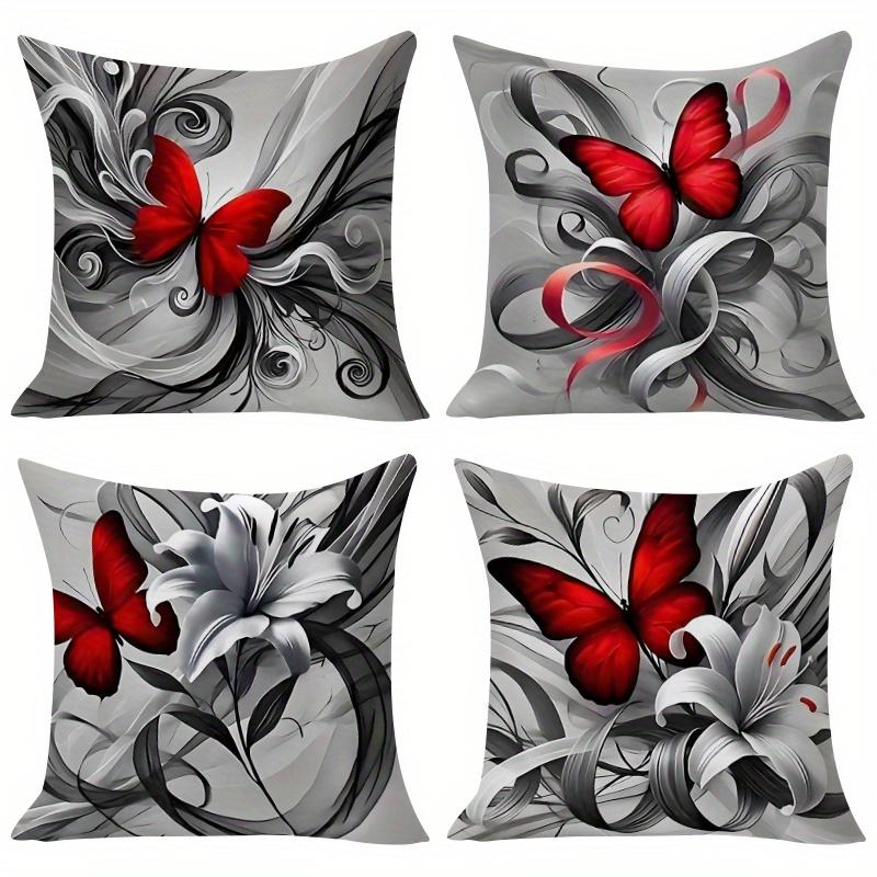 Gray Red Butterfly Floral Pillow Covers Soft Polyester Square Zipper Sofa Outdoor Machine Washable Double Sided Decorative Home