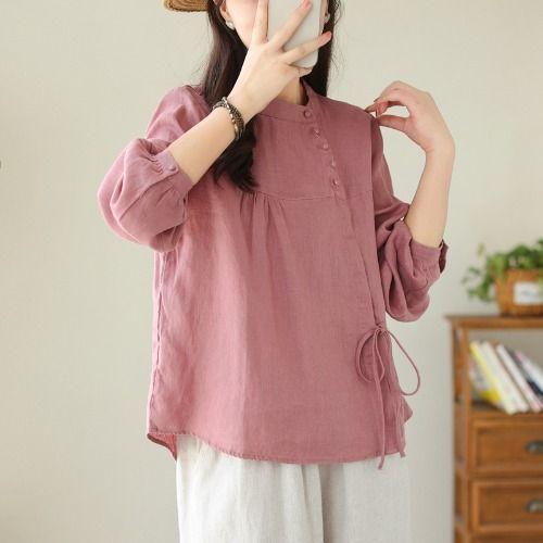 Literary and Art Foreign Trade Retro Women's Loose Spring and Autumn Shirt Diagonal Long-sleeved Temperament Cotton and Linen Blouse Shirt