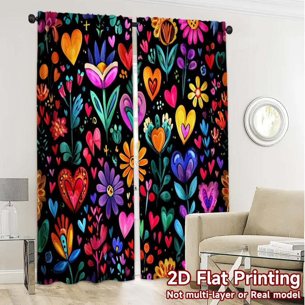 2pcs   2D FLAT PRINTING Curtains (Without Rod) Vibrant Blossoms Popular Light Filtering Curtains Machine Washable Fabric Curtains