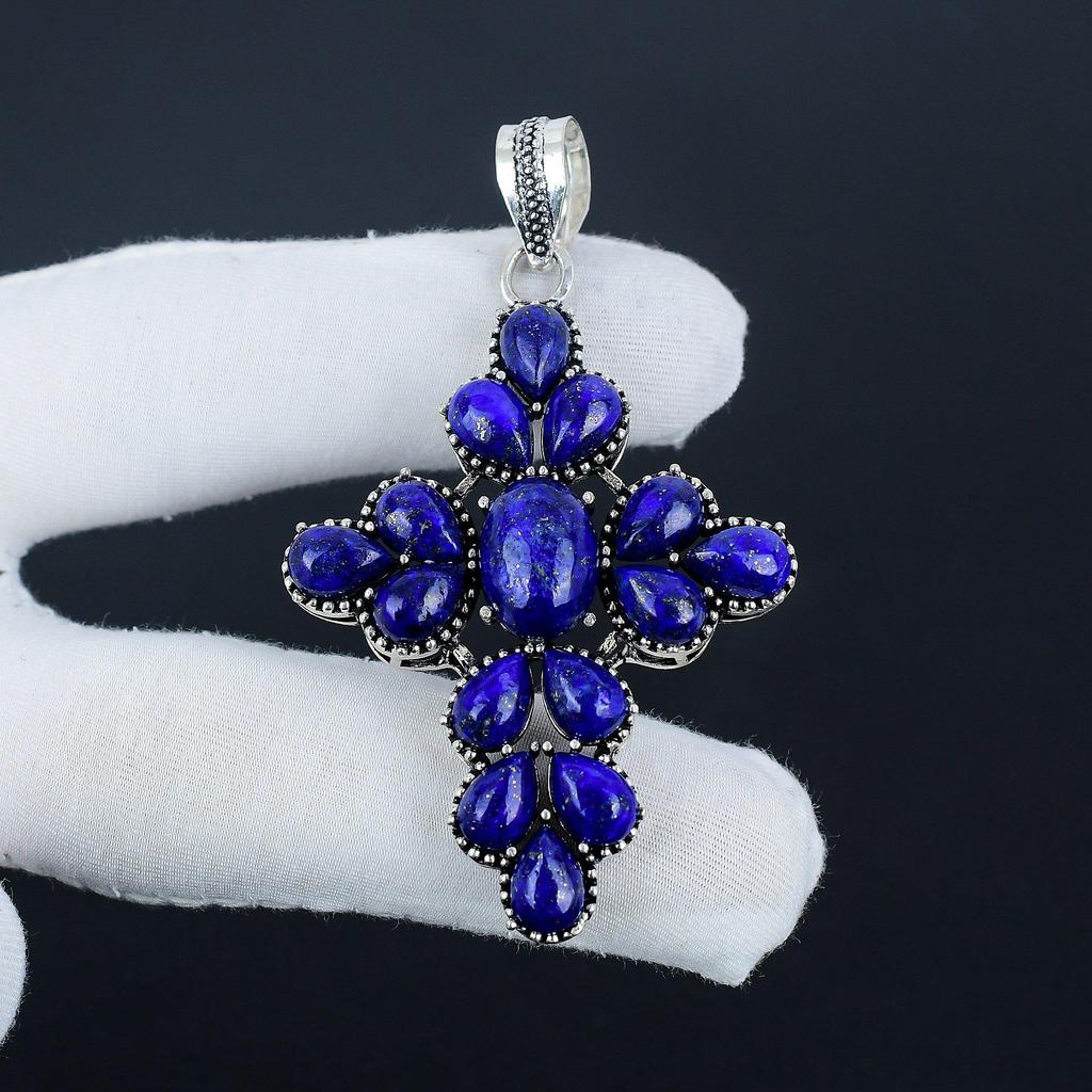 Naturlig Lapis Lazuli Ädelsten Silver Kors Hänge i 925 Sterling Silver - Handgjord Päron Design, Vardags Smycken Alla Hjärtans Dag Gåva