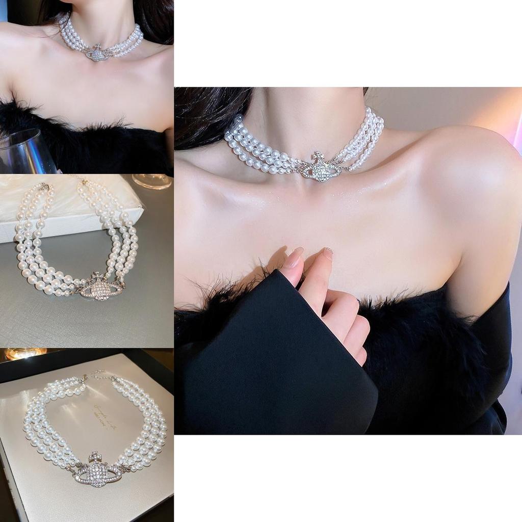 Špičkový vícevrstvý perlový náhrdelník v korejském stylu s přívěskem Saturnu