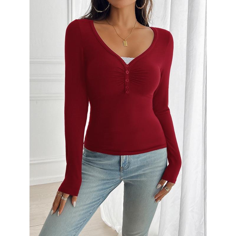 Women's Y2K Top Slim Button V-neck Long-sleeved Knitted T-shirt