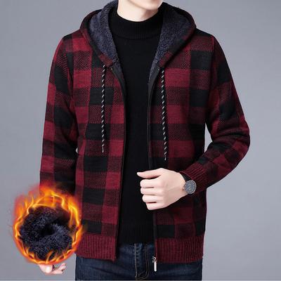 Winter Verdickt Wollmantel Junge männer Strickjacke mit Tasche Plaid Kapuze Langarm Strick