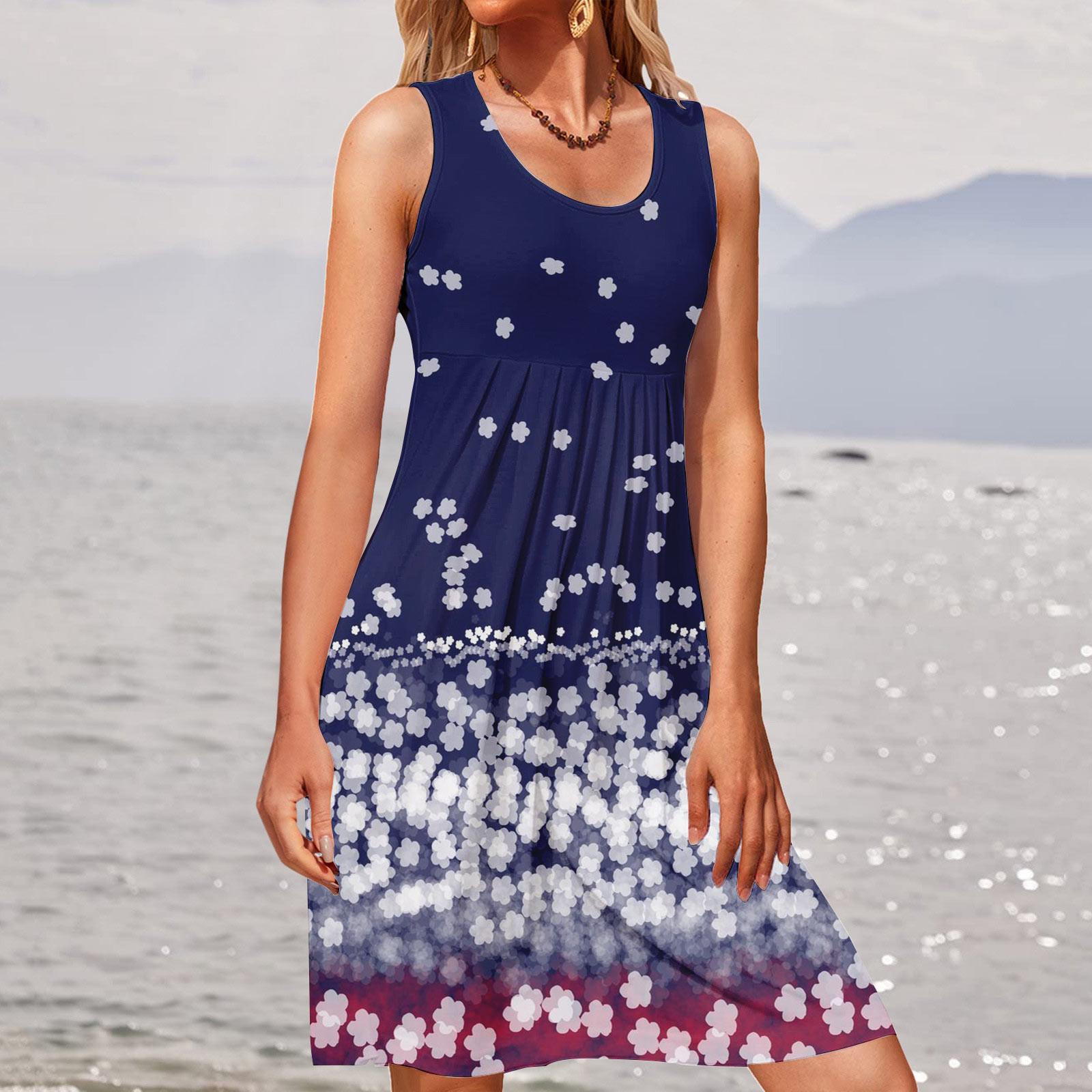 

Women s Fashion Casual Loose Round Neck Beach Print Vest Sleeveless Dress L