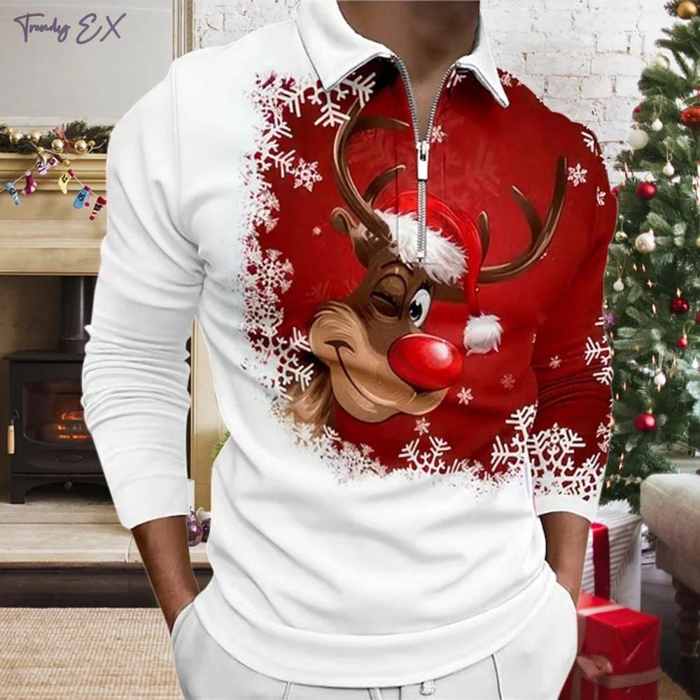 Weihnachts-Poloshirt für Herren Grafikdruck Lässig Revers Golfbekleidung Herren T-Shirt Oberteile Mode Sport Langarm Herrenbekleidung
