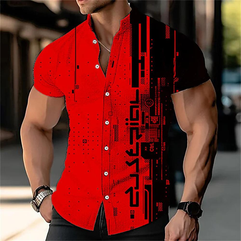

Men s 3D Digital Printed Geometric Stand Up Collar Solid Color Short Sleeved Shirt Outdoor Casual Fashion Street Men s Clothing S