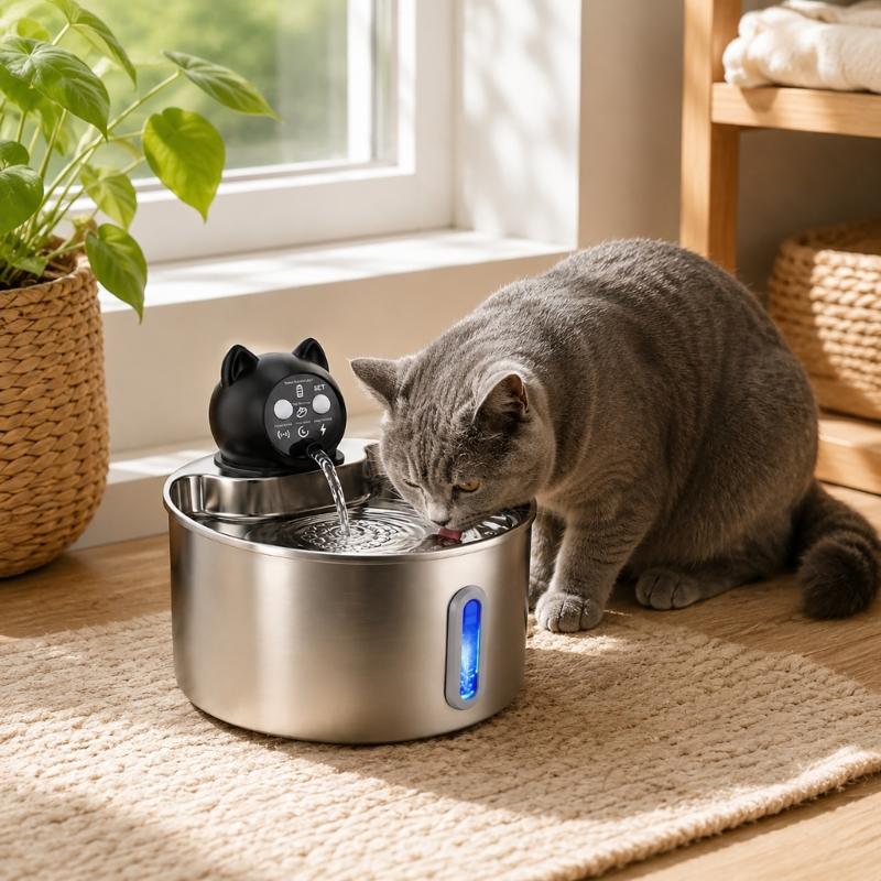 Pet Fountain Motion Activated Waterer for Small Kitten Animal Households, 3.2 L Indoor Drinking Fountain with Metal Bowl for Routine Household Use