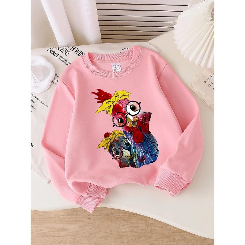 Kids Unisex Crewneck Sweatshirt, Watercolor Two Chickens With Yellow Polka Dot Bows And Glasses Cartoon Print Soft Pullover For Kids Over 4 Years Old
