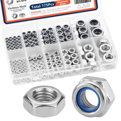Kit Assortimento Dadi autobloccanti & Dadi Esagonali M3 M4 M5 M6 M8 M10 Acciaio Inossidabile 175pz Assortimento Metrico Dadi autobloccanti con inserto in nylon & Dadi Esagonali Set