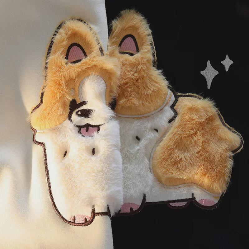 Cartoon Corgi Embroidered Fleece Hoodie for Women 2024 - Autumn/Winter Casual Unisex Pullover