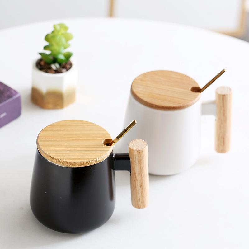 Nordic Style Wooden Handle Ceramic Mug Office Water Cup Couple Mug Holiday Event Gift