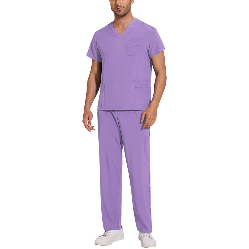 Soild Scrub Working Uniform Suit For Men's Cross V-Neck Short Sleeve Fun T-Shirts Workwear Tee With Pockets