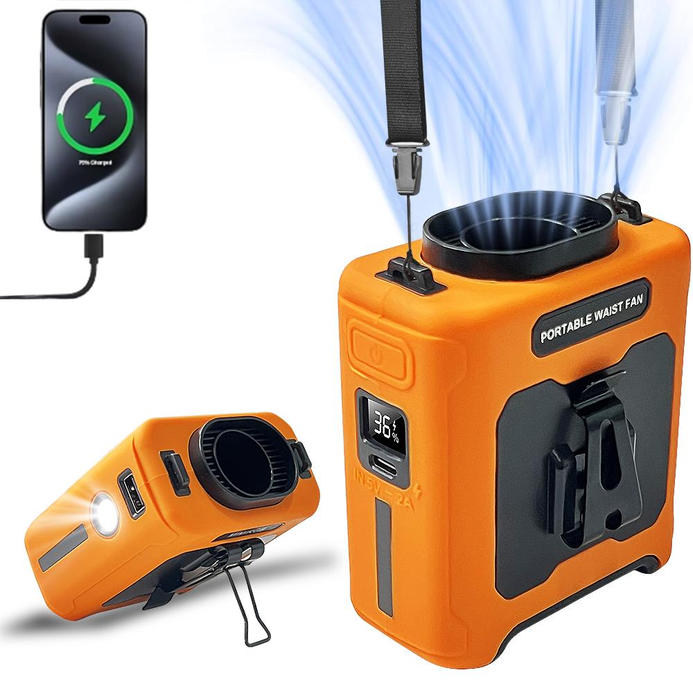 Portable Waist Fan Clip On,10000mAh Rechargeable Wearable Shirt Fan with Light,5 Speeds Belt Fans Cooling Fans for Outdoor